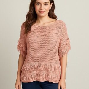 WHBM Pink Open Knit Fringe Sweater M Lightweight Boho Pullover Cozycore Romantic